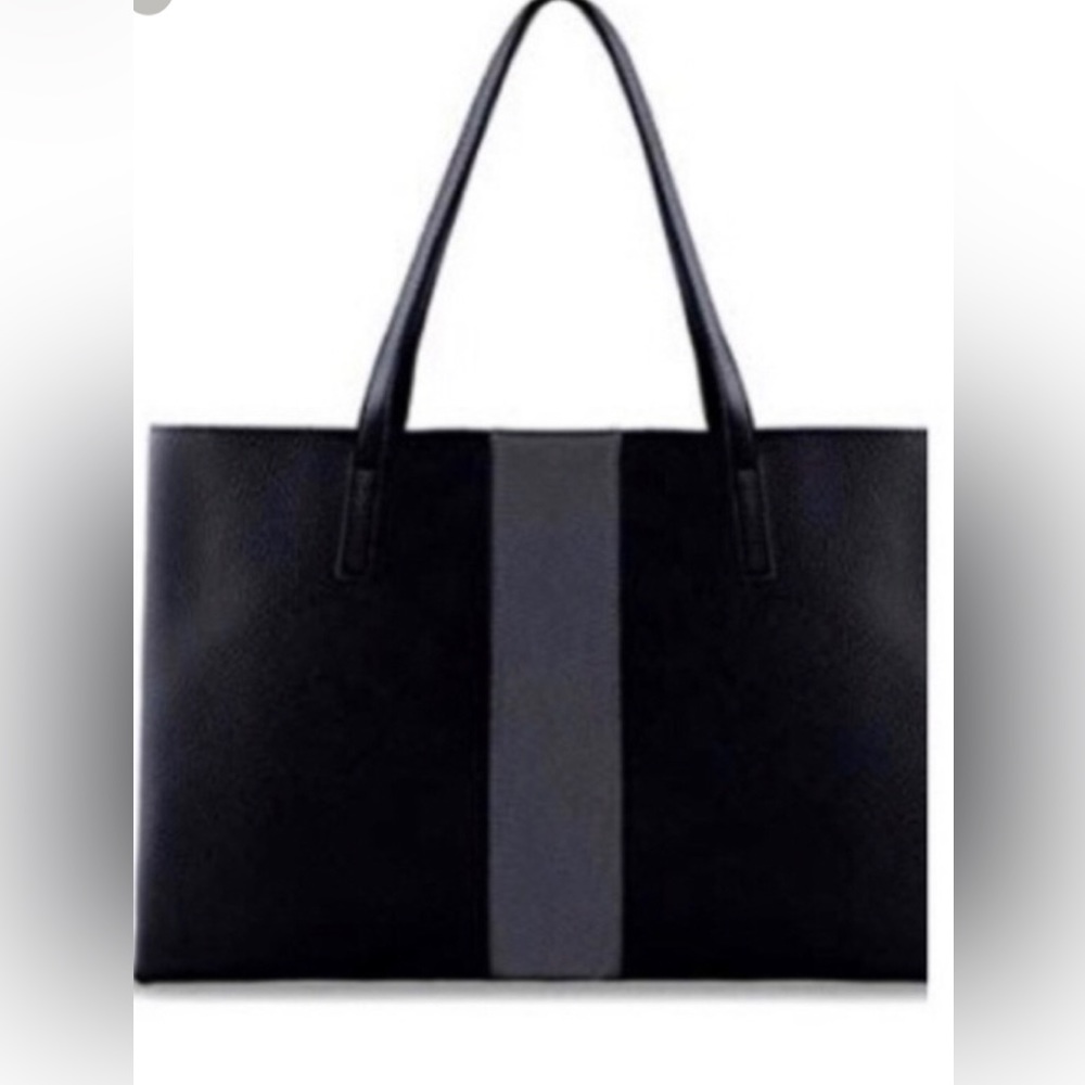 Vince Camuto Black Large Tote with Grey Stripe Beveled Faux Leather (New!)
